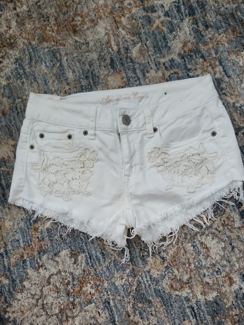 American Eagle Outfitters White High-Waist Lace Applique Denim Shorts